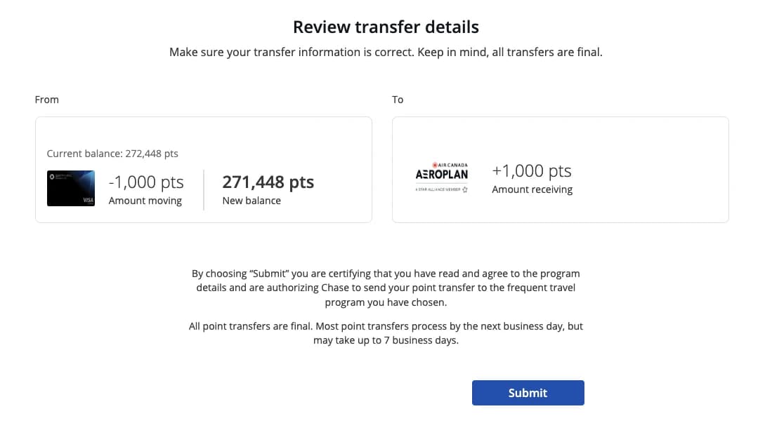 You can review the transfer details to make sure you're transferring the right amount of points to the correct program.