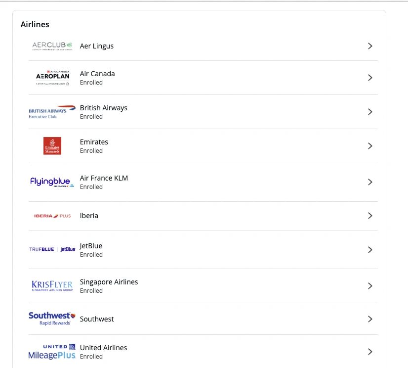 You will see a list of airline and hotel programs that you can transfer credit card points to.