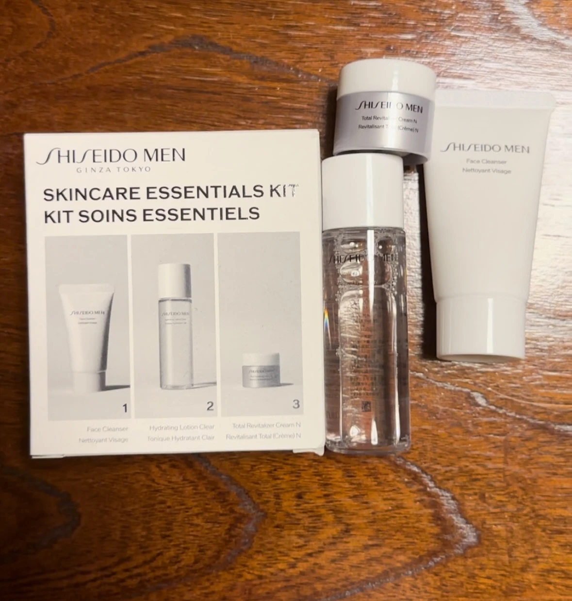 Japan Airlines Boeing 777-300ER First Class amenity kit comes with Shiseido creams and lotions.