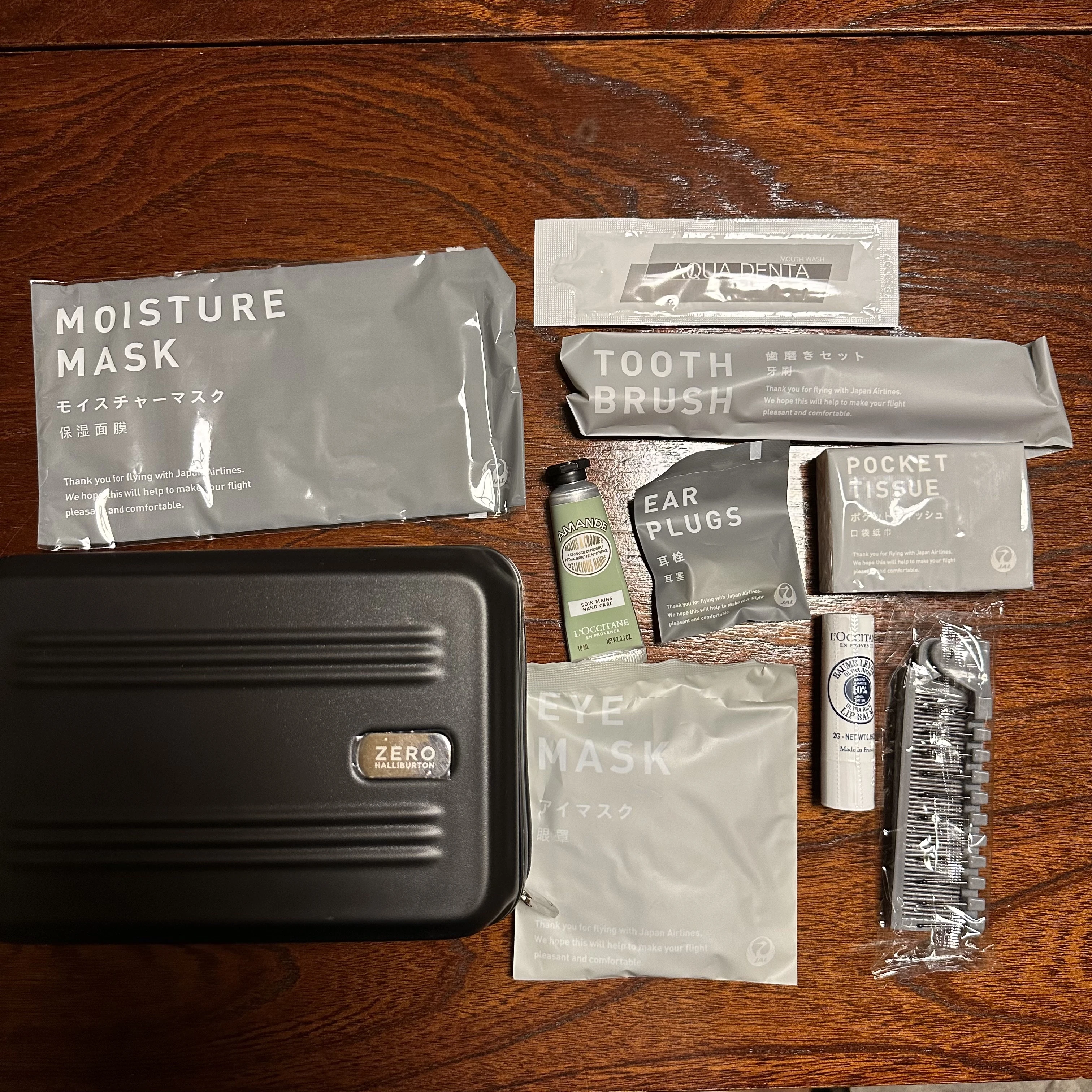 Japan Airlines Boeing 777-300ER First Class amenity kit.