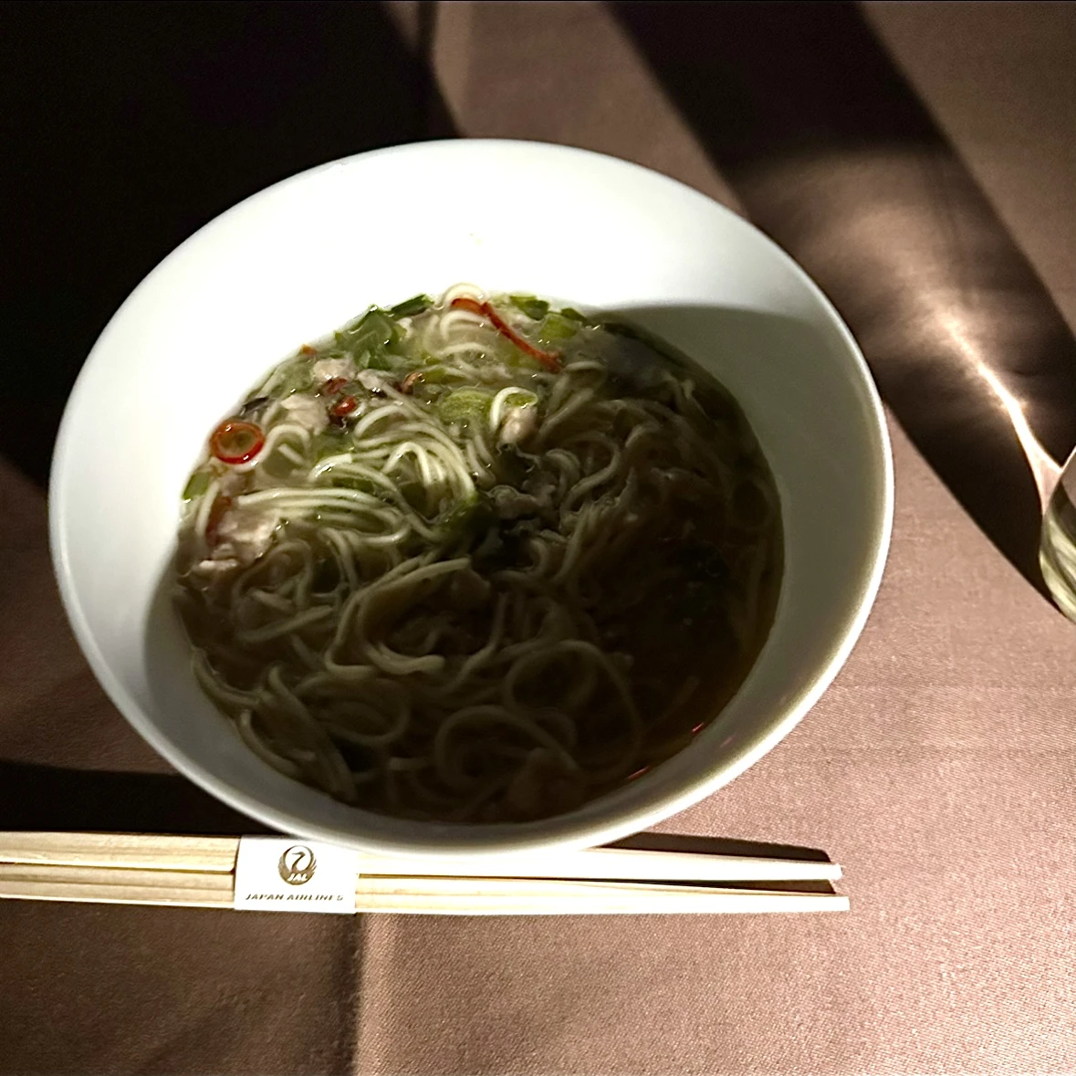 Japan Airlines Boeing 777-300ER First Class vegan ramen from anytime menu.