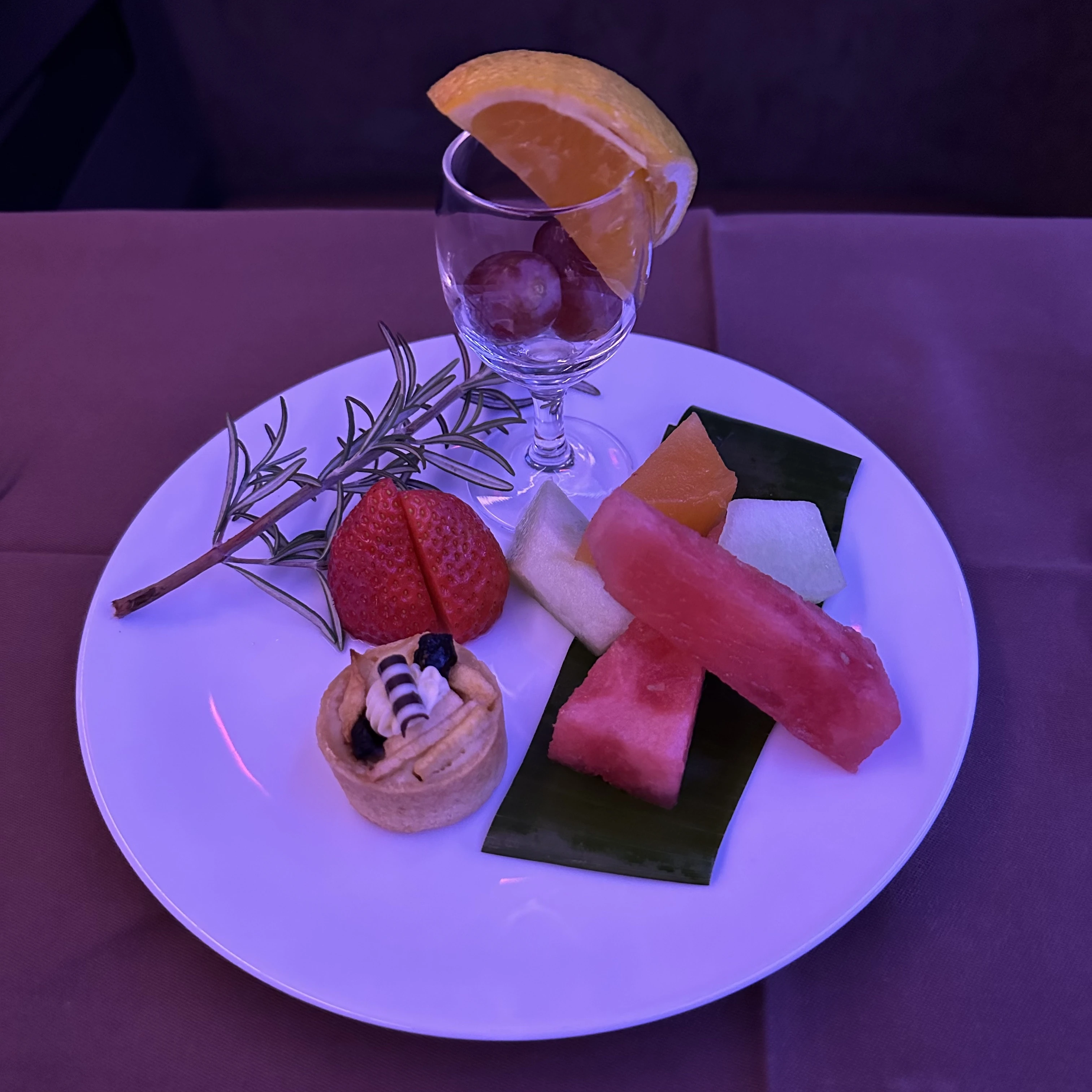 Japan Airlines Boeing 777-300ER First Class breakfast fruit plate.