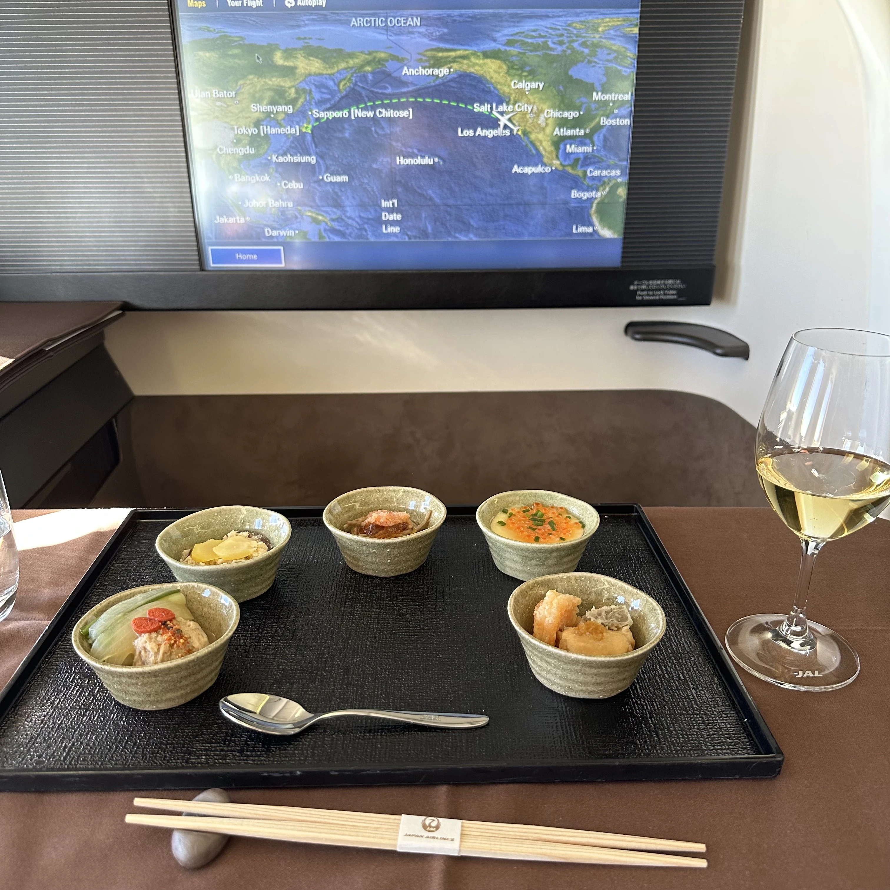 Japan Airlines Boeing 777-300ER First Class appetizers.