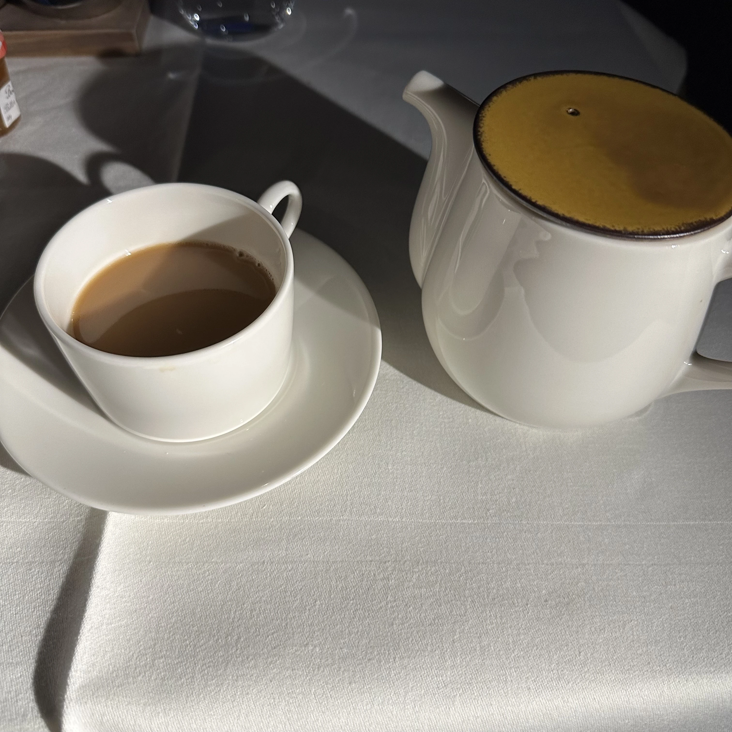 Cathay Pacific First Class Hong Kong milk tea served with a personal teapot.