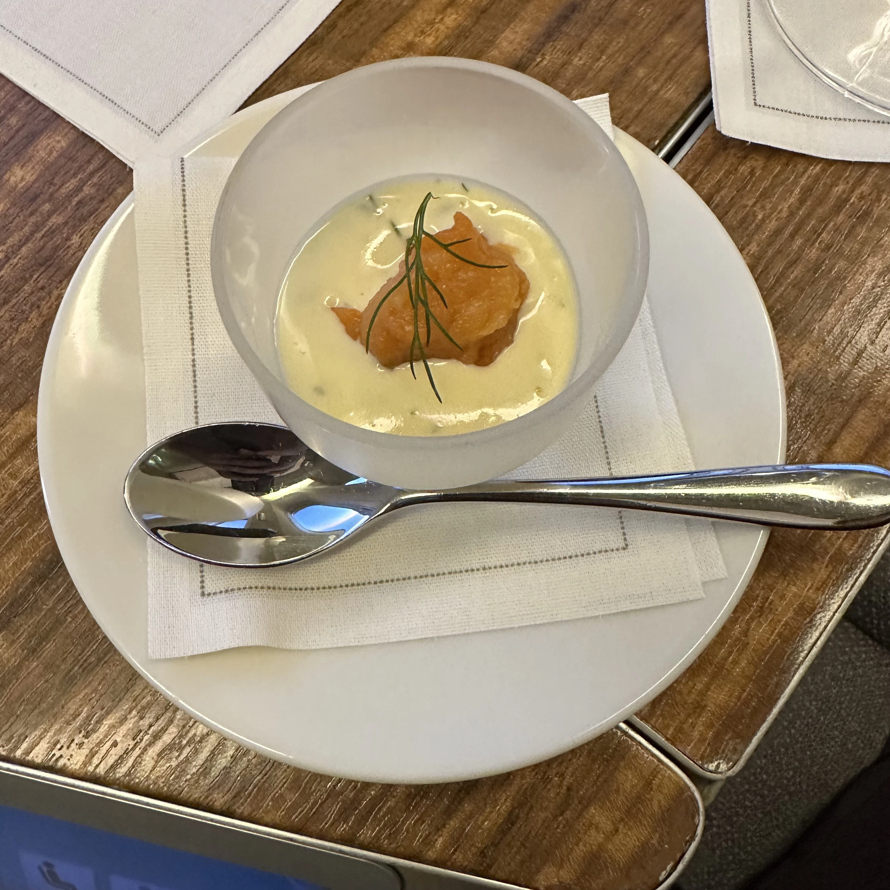 Cathay Pacific First Class appetizer with gourmet plating.