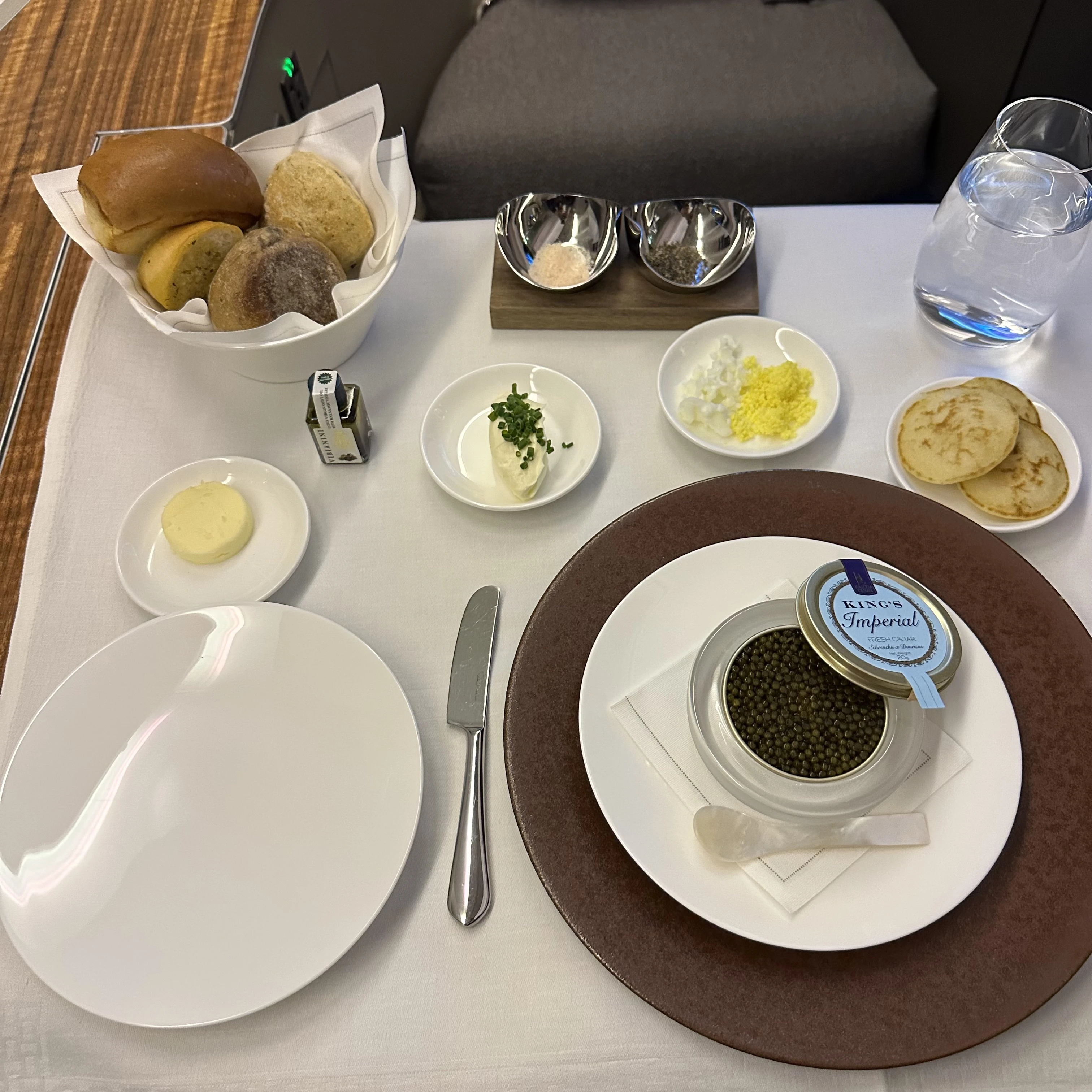 Cathay Pacific First Class caviar served with traditional accompaniments.