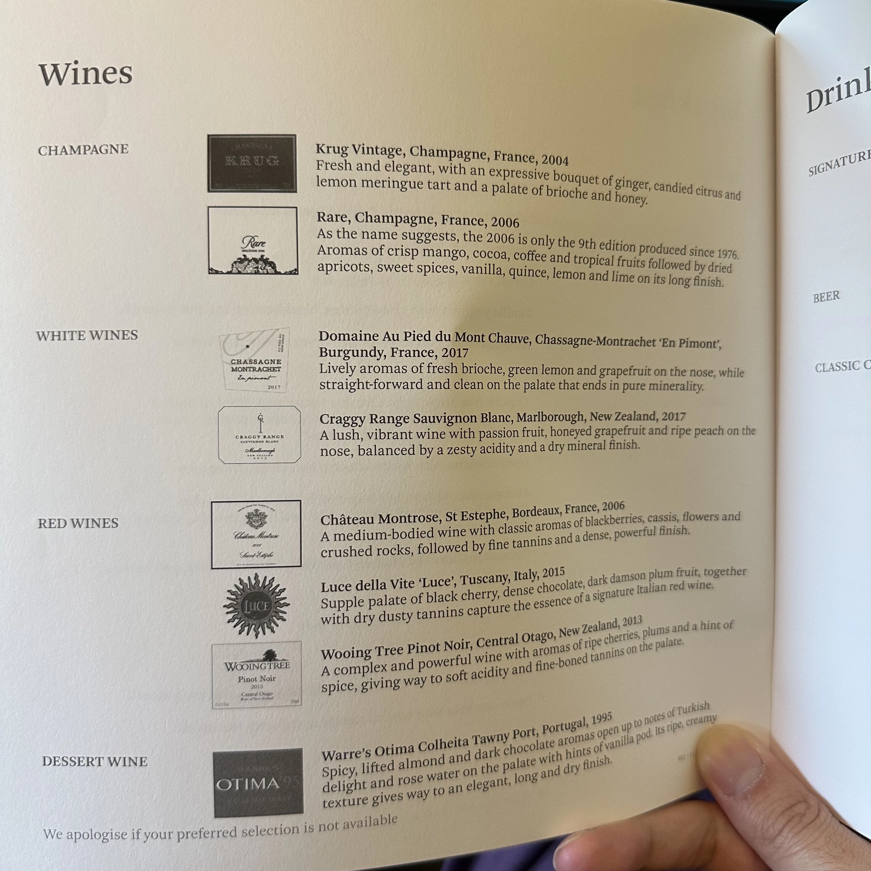 Cathay Pacific First Class wine list with high-quality red and white wines.