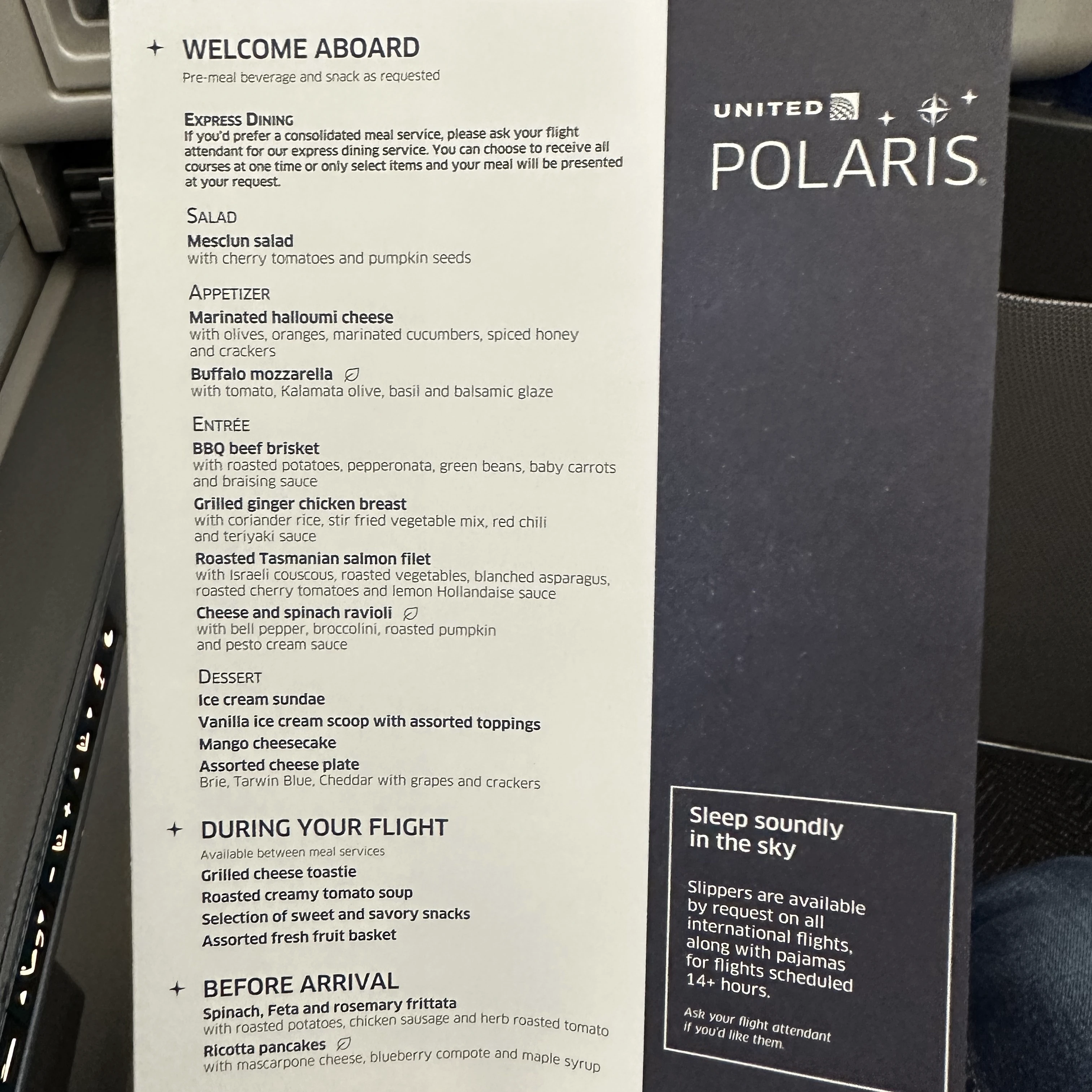 United Polaris Business Class food menu showcasing an array of meal options available during the flight.