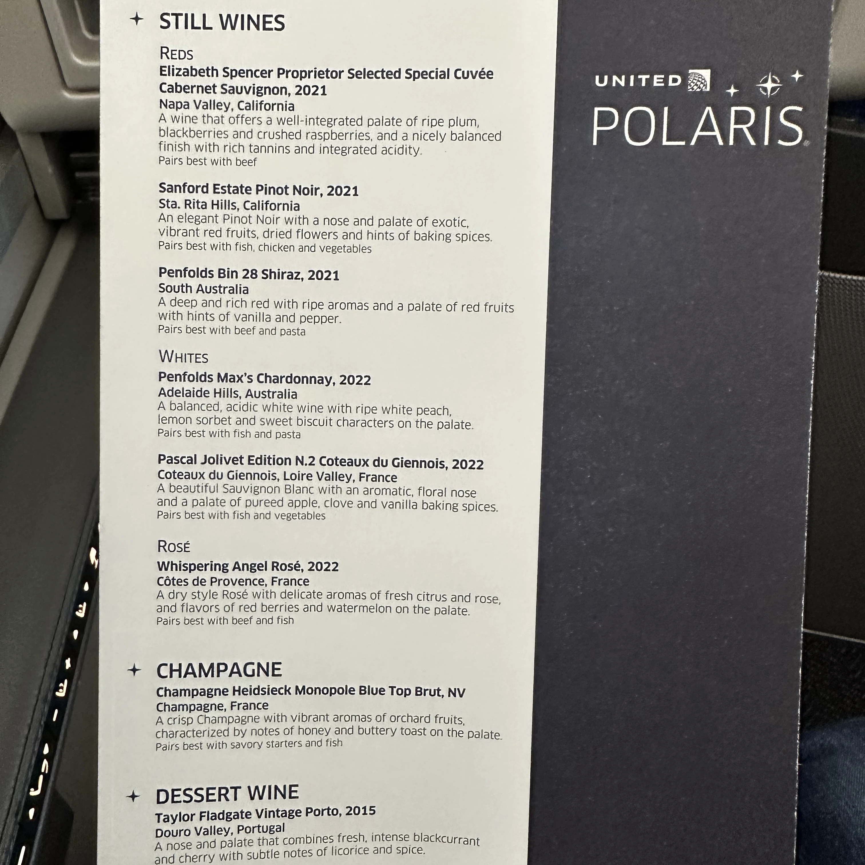 United Polaris Business Class drink menu featuring a curated selection of wines, spirits, and non-alcoholic beverages.