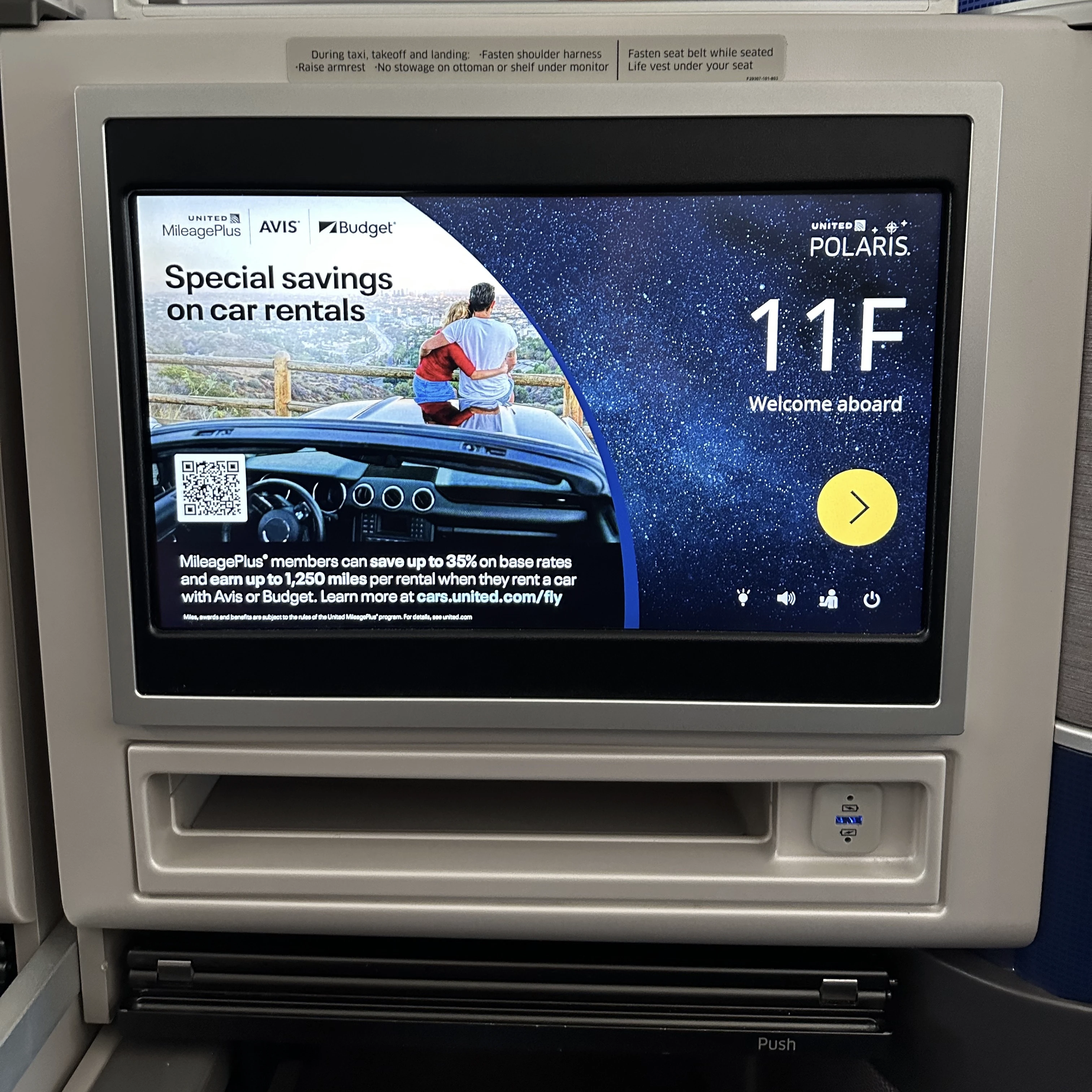 United Boeing 787 Business Class touchscreen HD TV with a wide variety of movies, shows, and entertainment options.