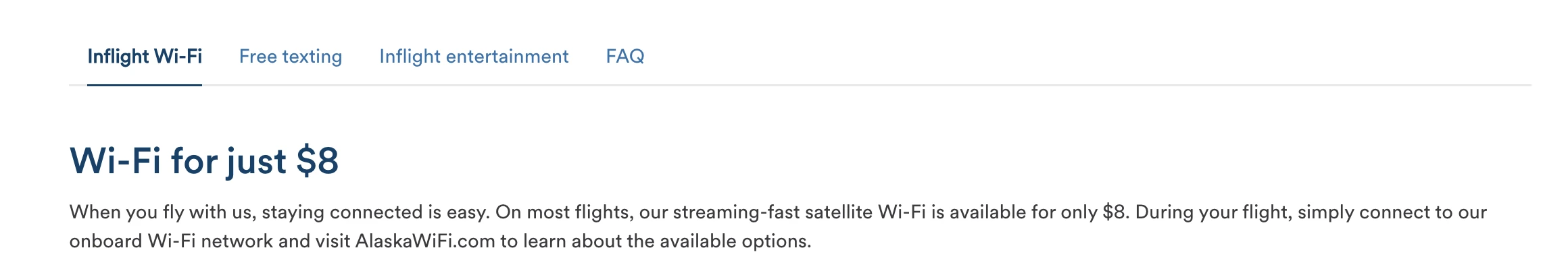 Alaska airlines webpage showing affordable Wi-Fi pricing.