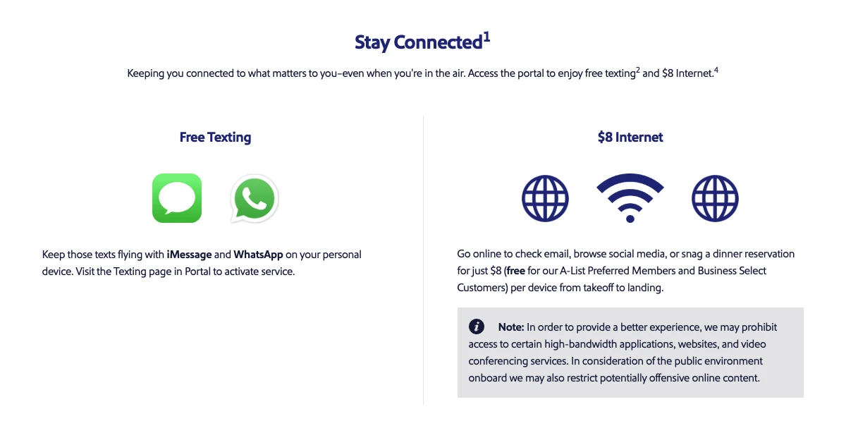 Southwest Airlines Wi-Fi information display, highlighting affordable internet and entertainment options.