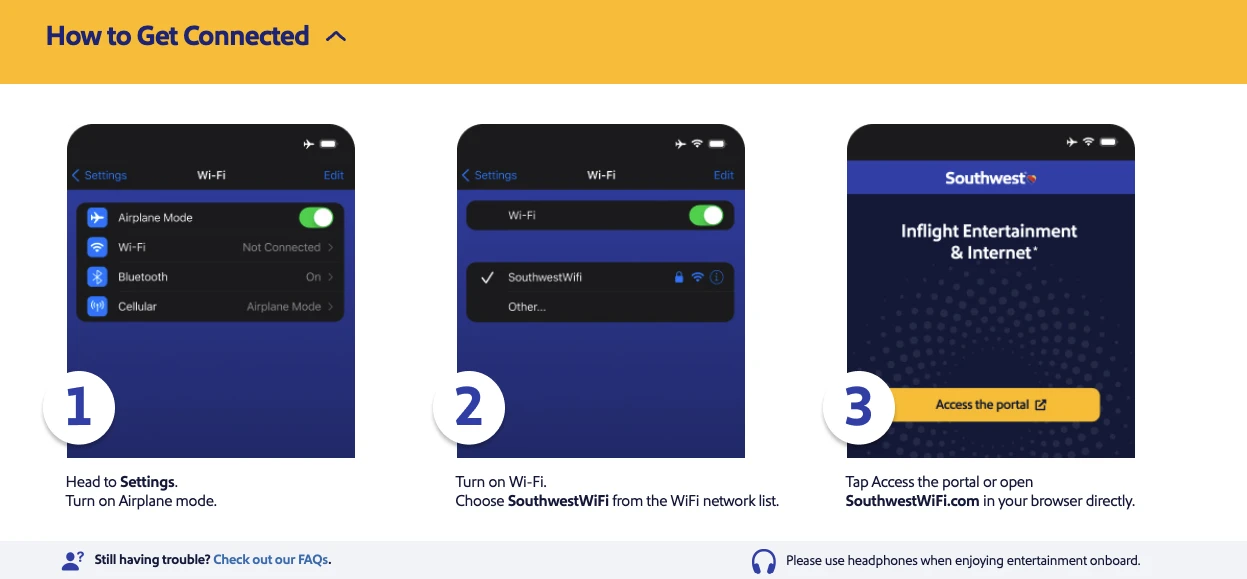 Passenger connecting to Southwest Airlines Wi-Fi network via smartphone settings.