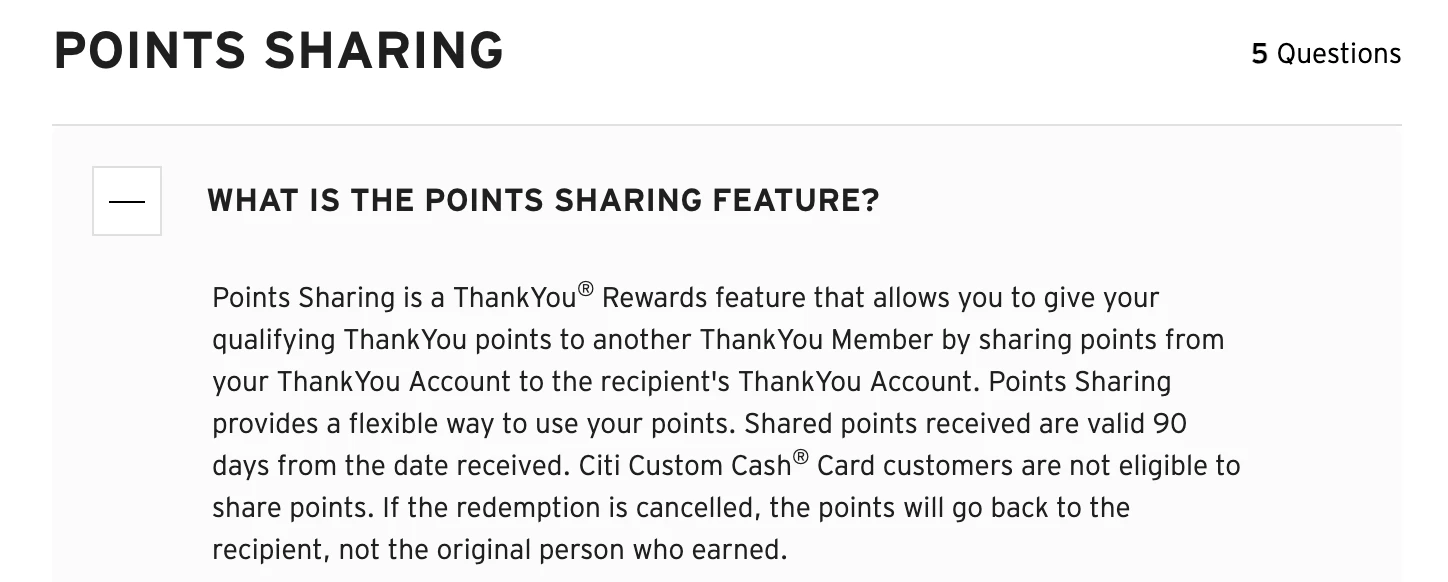 Citi ThankYou Points sharing feature – Transfer up to 100,000 points per year to friends or family at no additional cost.