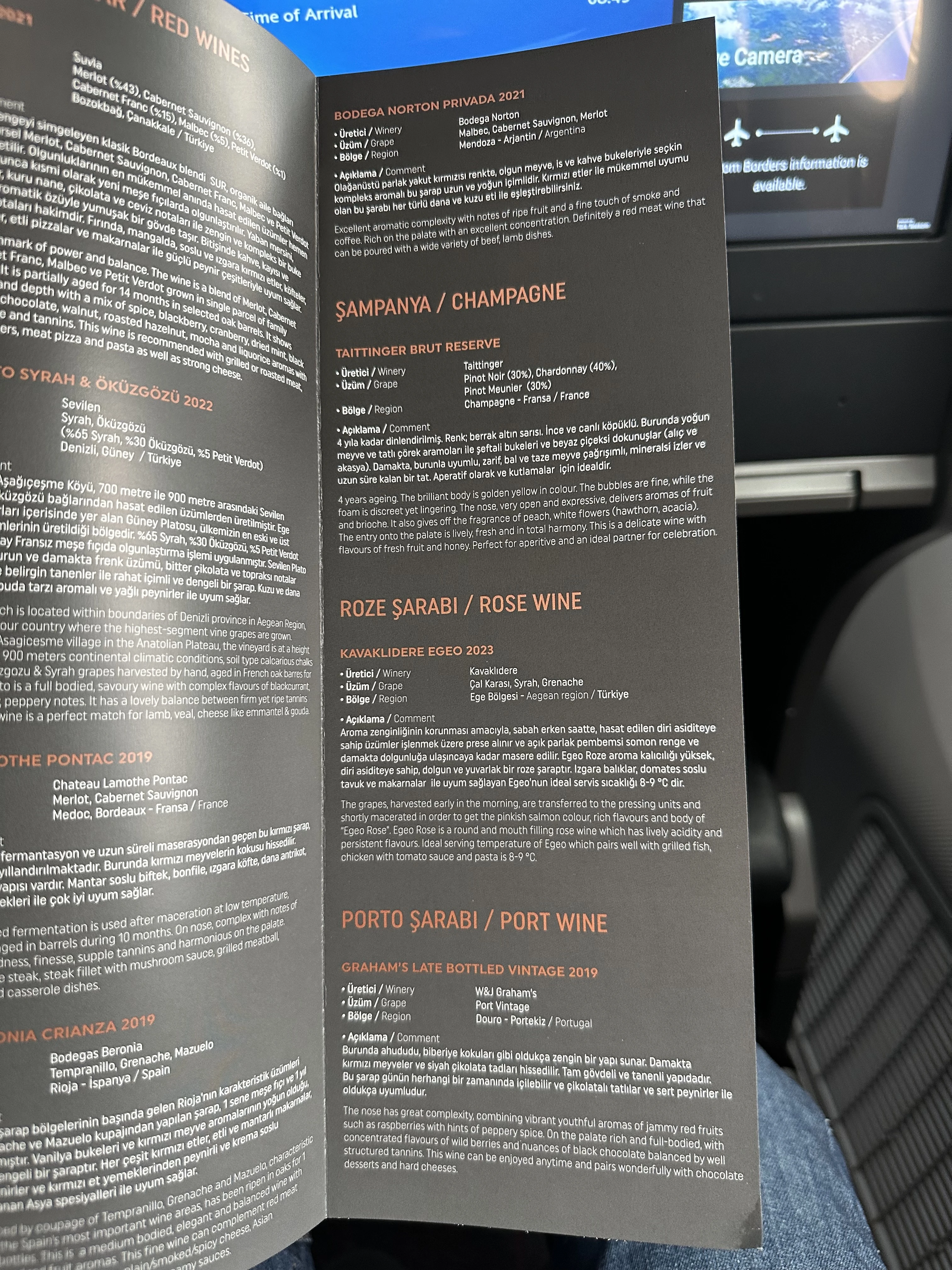 Business class drink menu