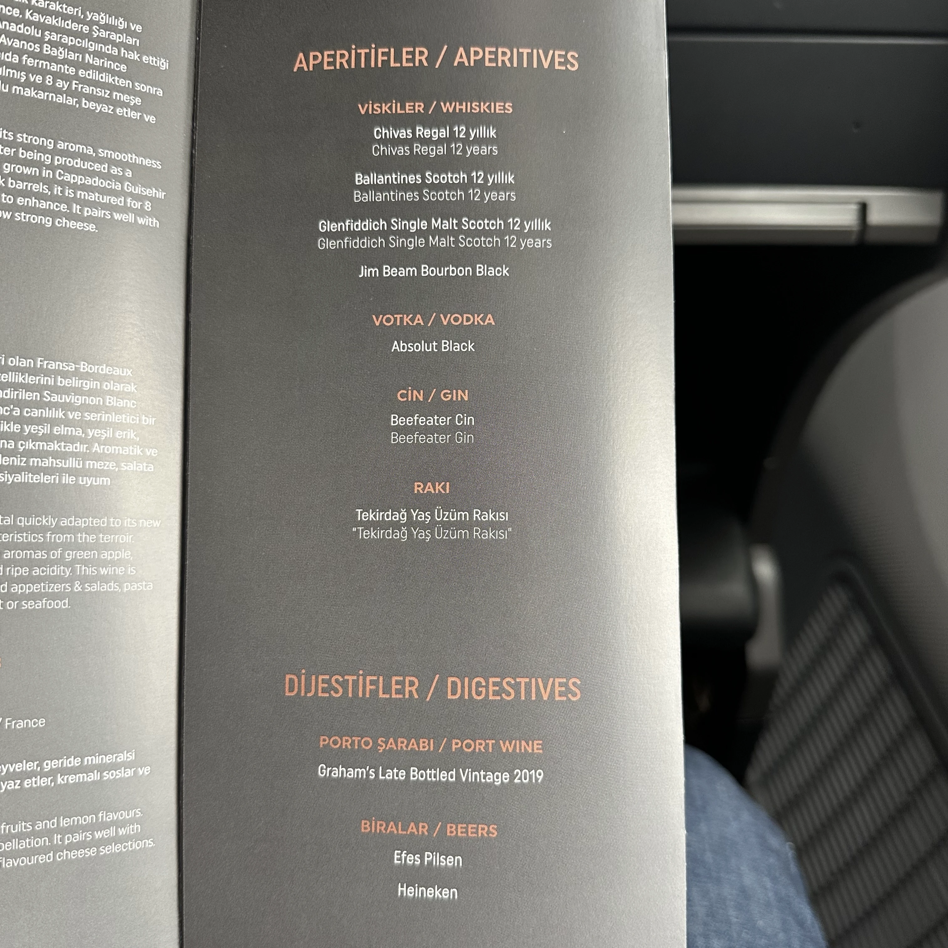 Business class drink menu.