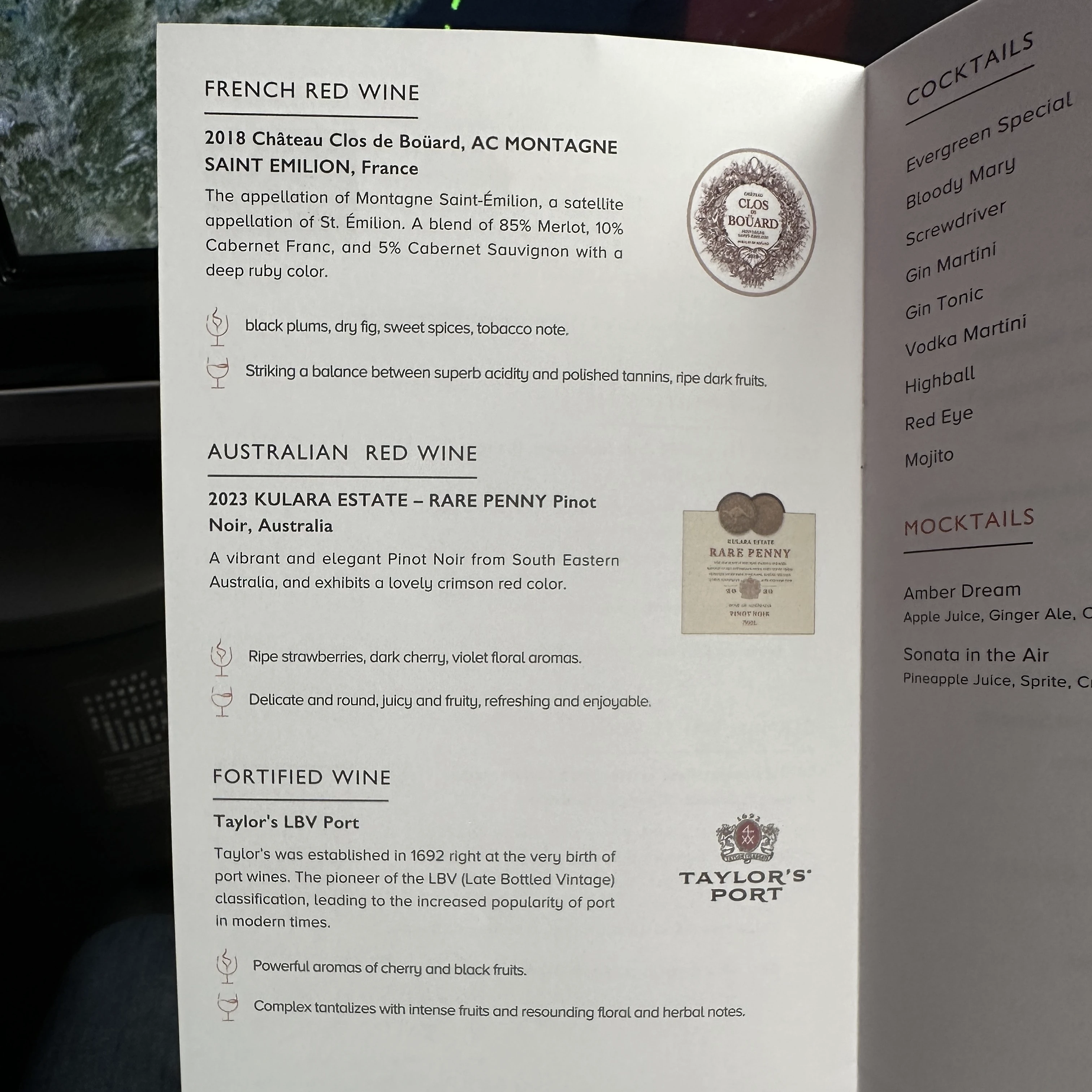 Eva Air Boeing 787-10 business class wine menu.