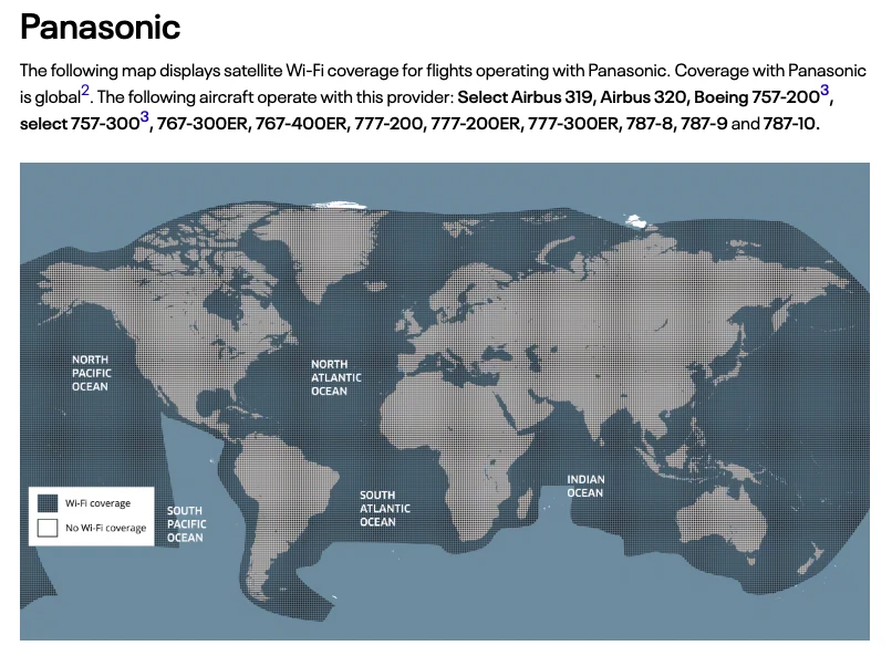 United Airlines Wi-Fi coverage map for Panasonic.