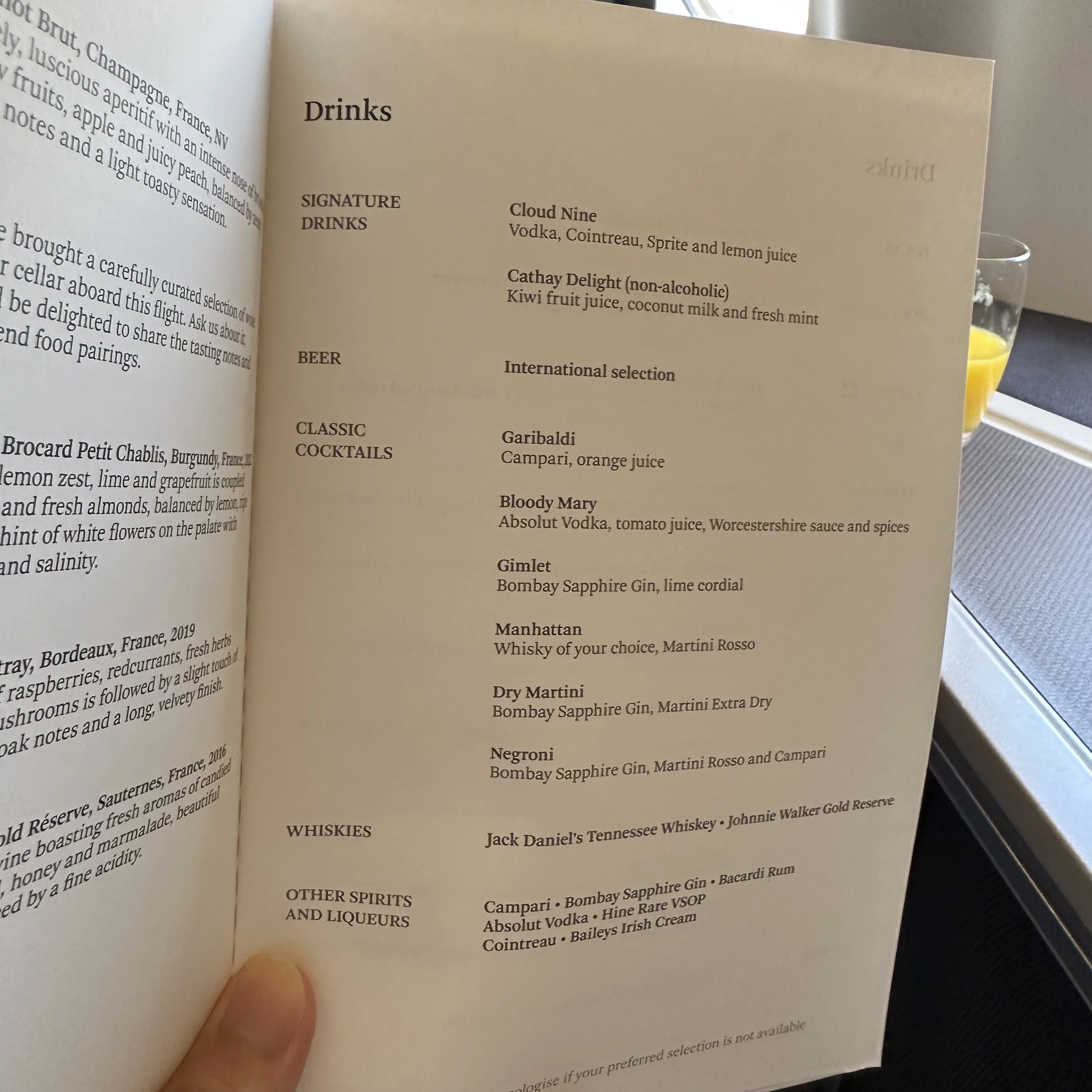 Cathay Pacific Airbus A330-300 business class drink menu.