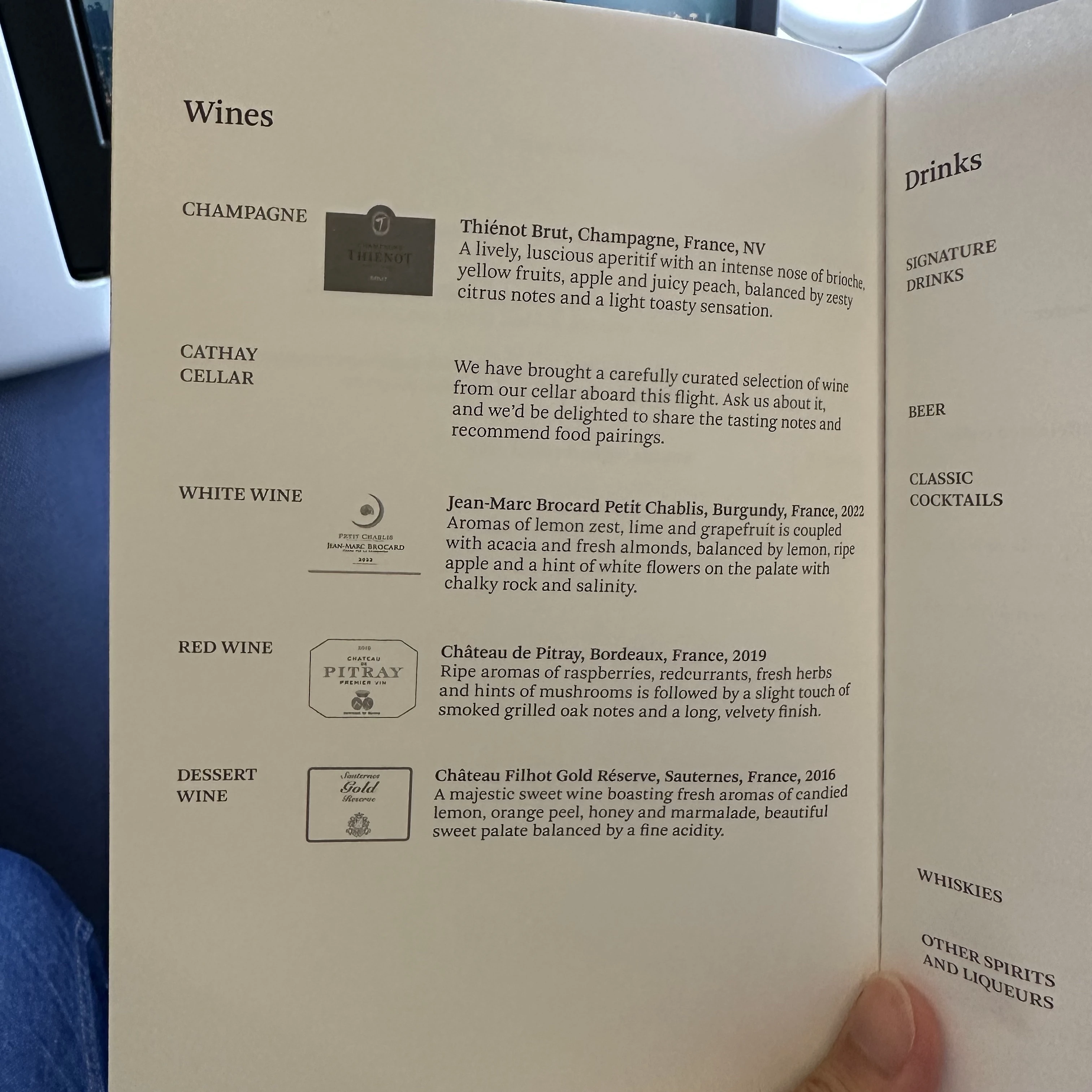 Cathay Pacific Airbus A330-300 business class menu.