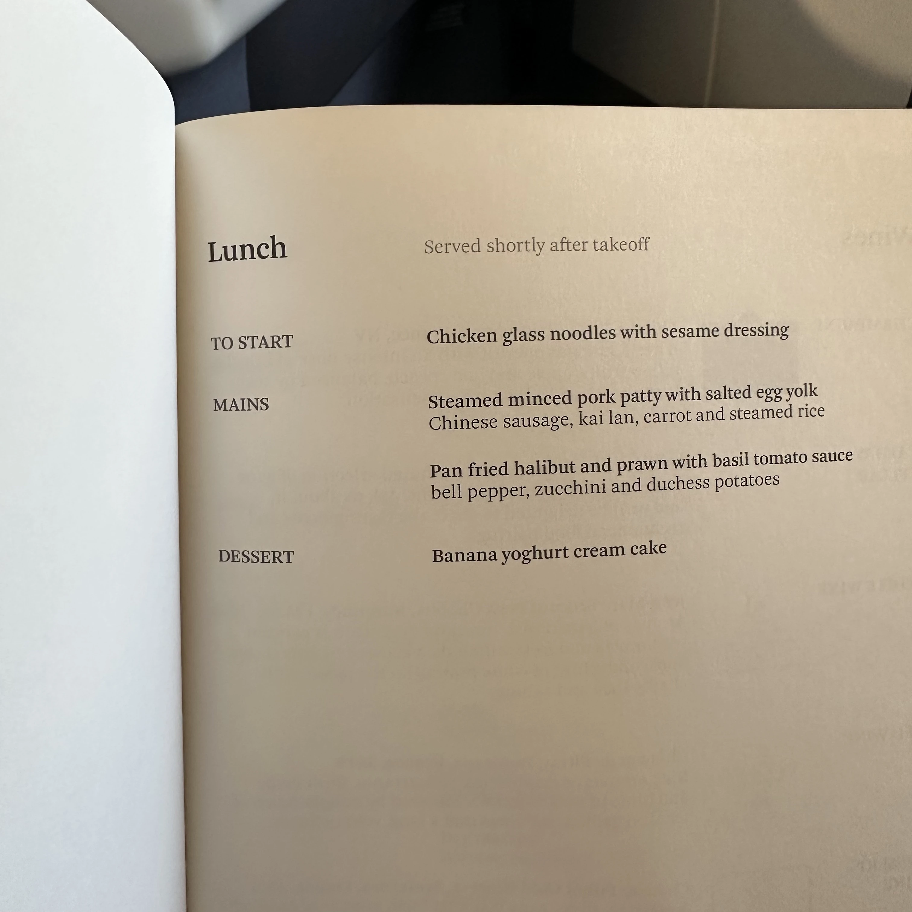 Cathay Pacific Airbus A330-300 business class menu.