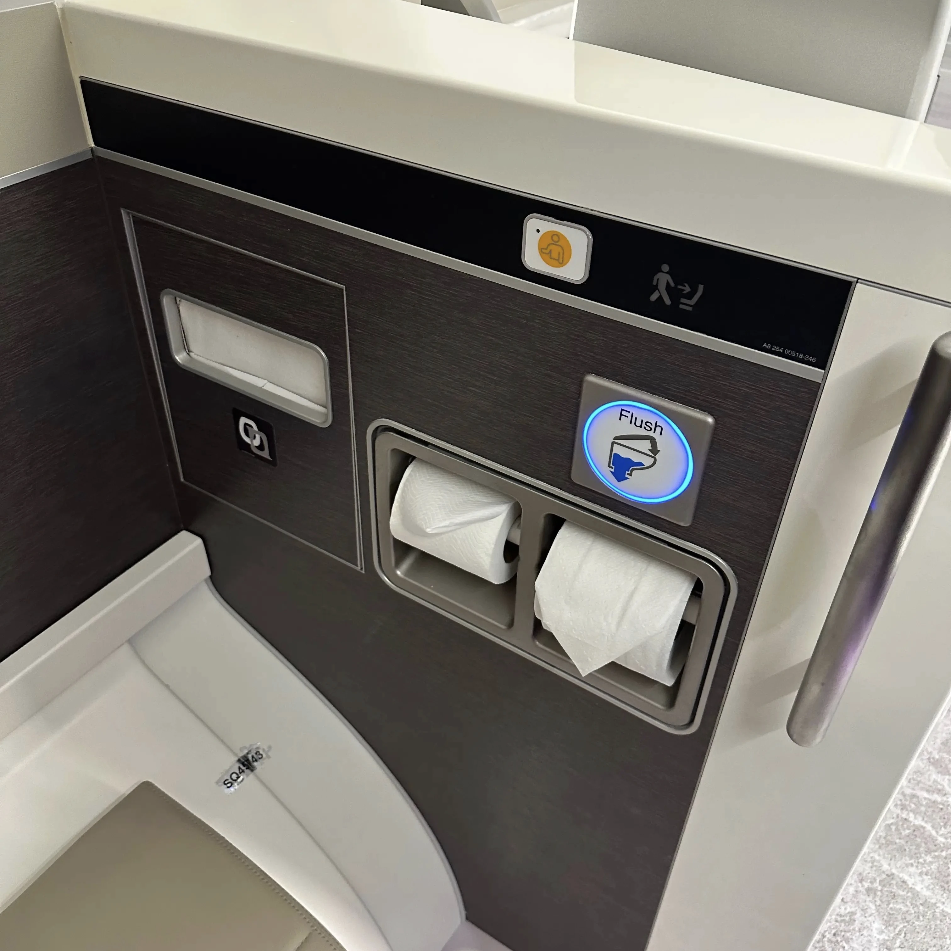 Singapore Airlines A380-800 First Class Suites toilet controls.