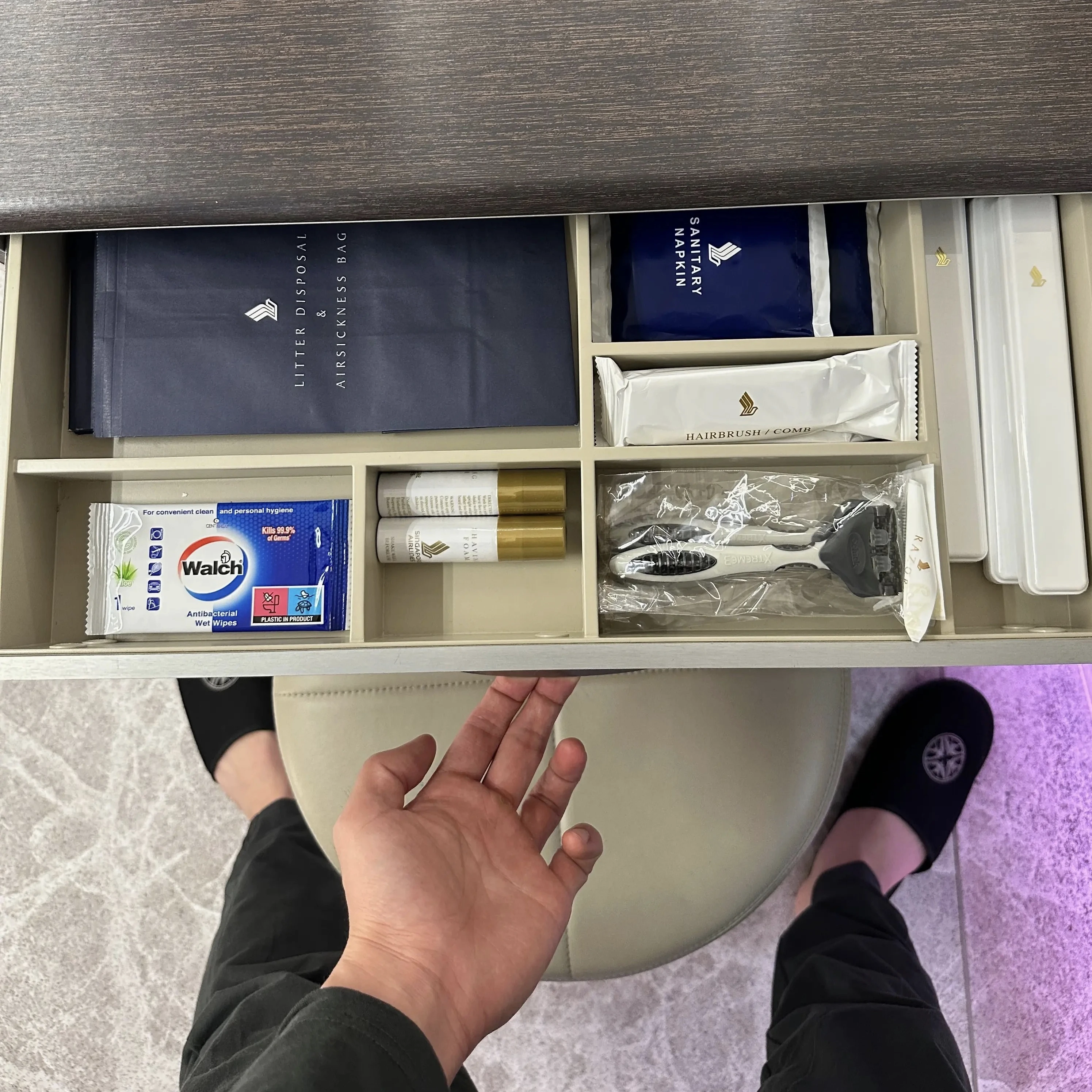 Singapore Airlines A380-800 First Class Suites bathroom amenities drawer.