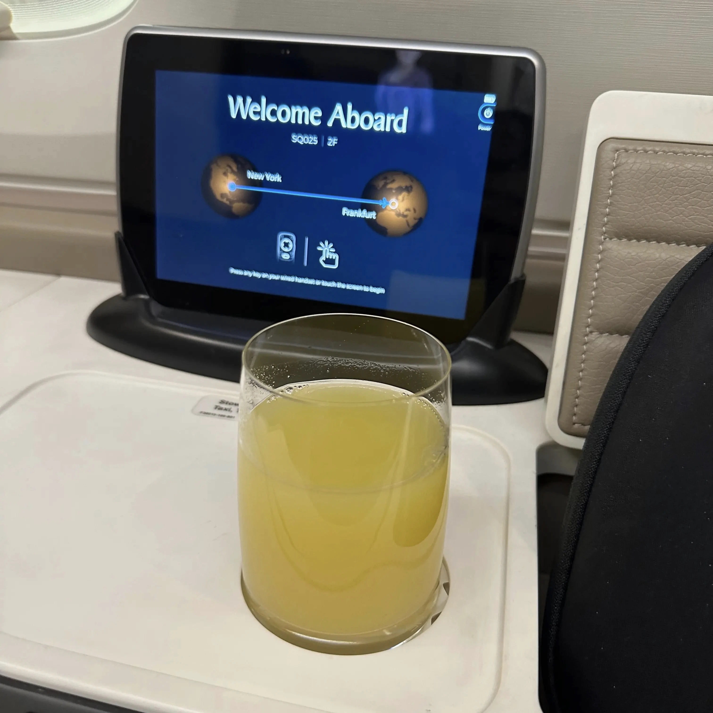 Singapore Airlines A380-800 First Class Suites pre departure drink.