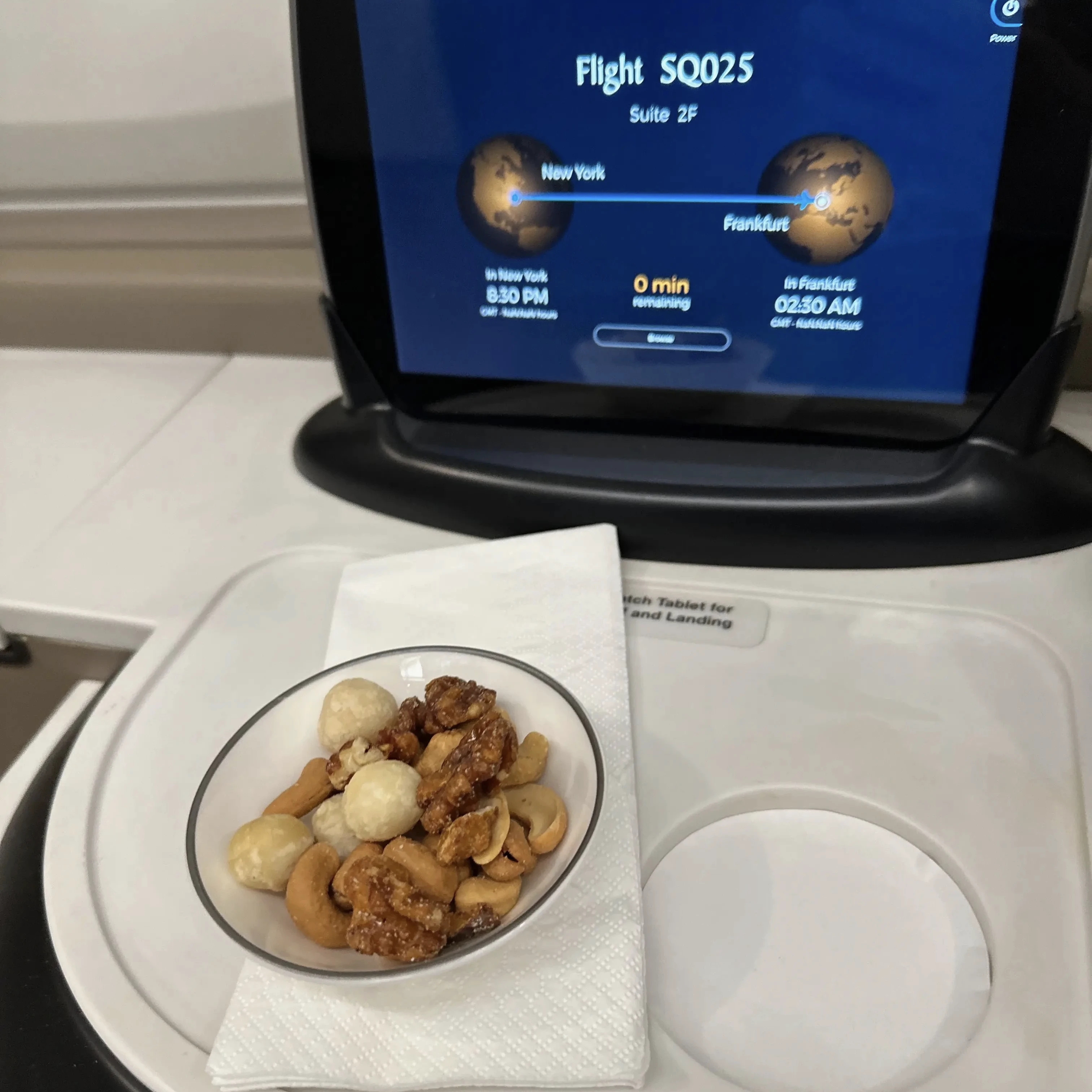 Singapore Airlines A380-800 First Class Suites pre departure nuts.