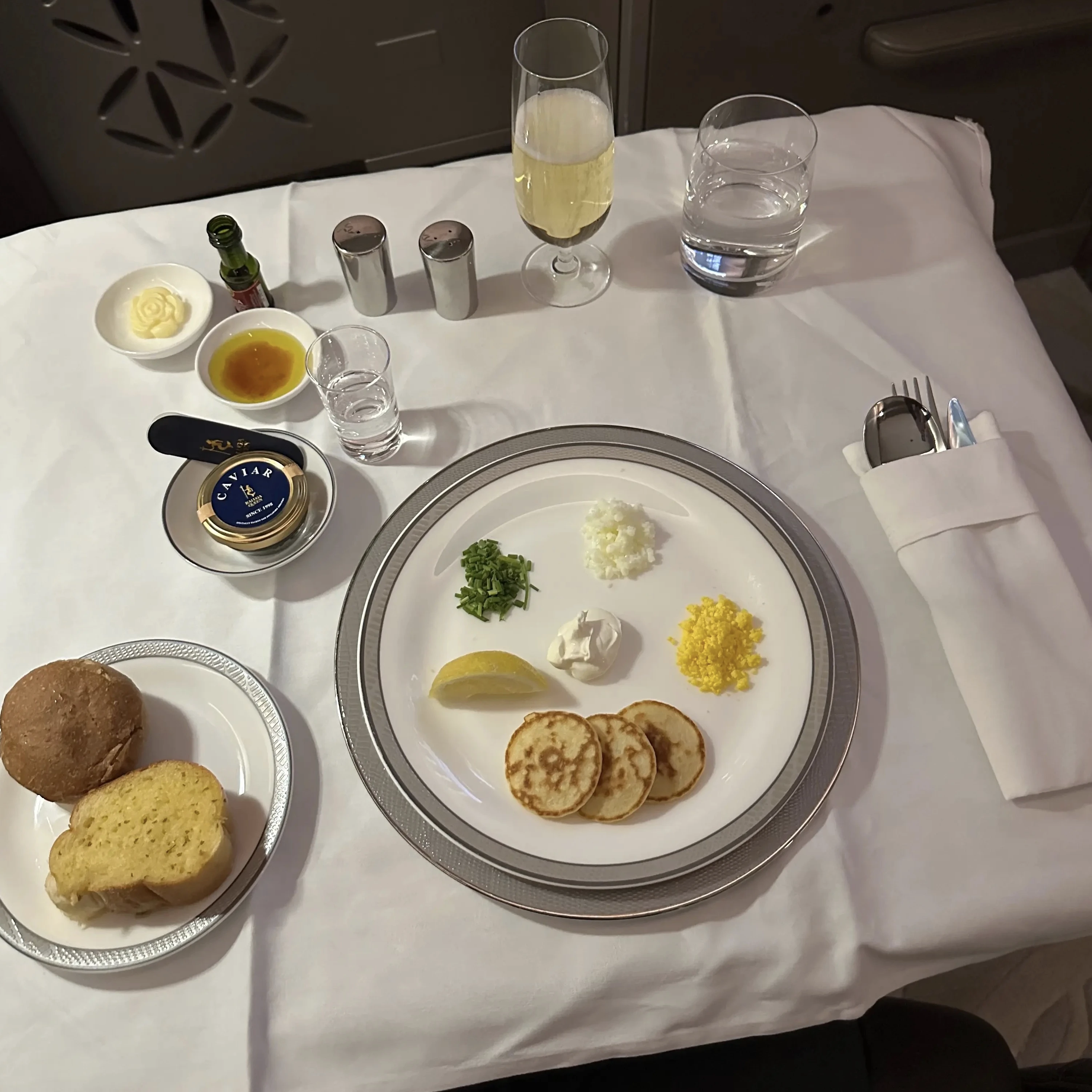 Singapore Airlines A380-800 First Class Suites caviar appetizer.