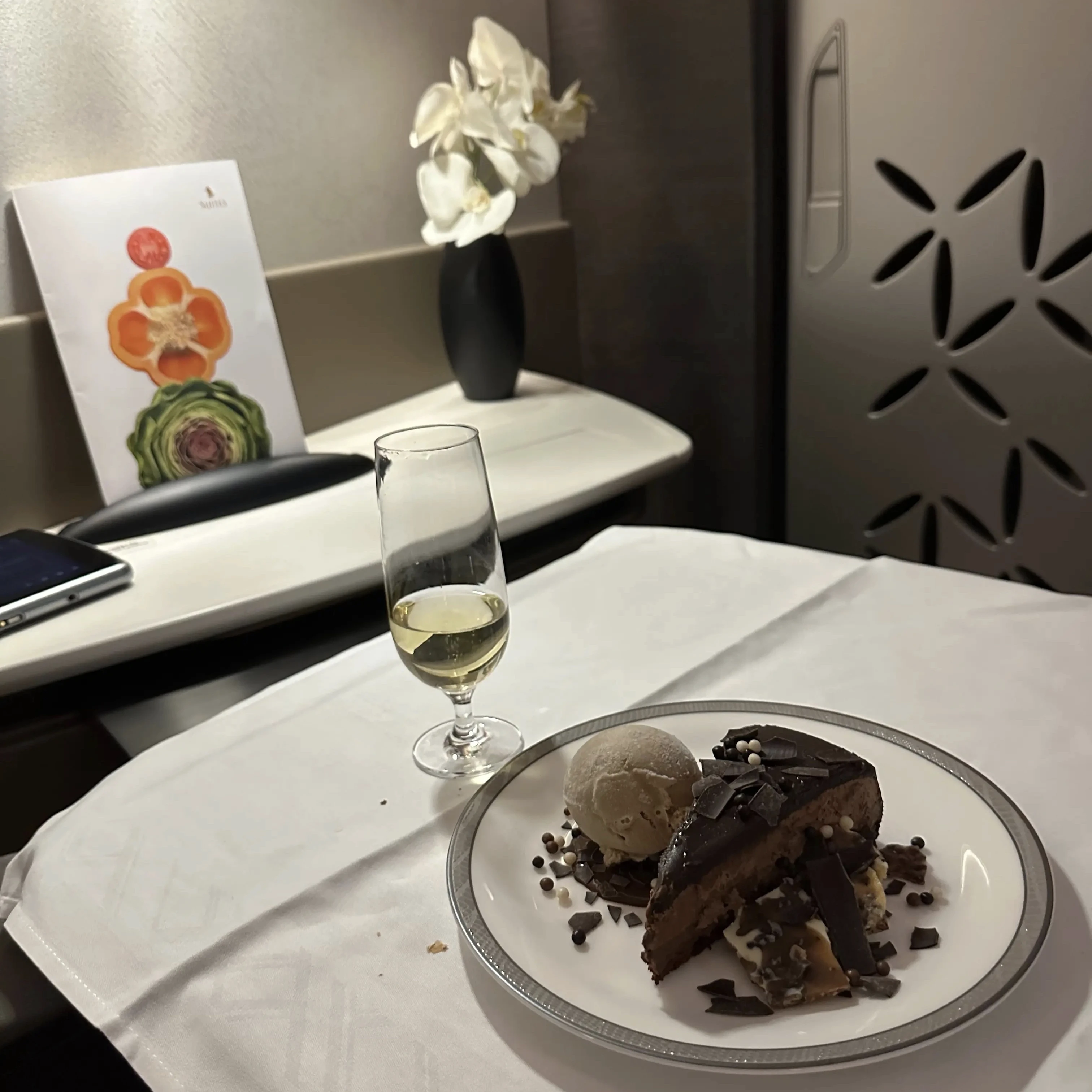 Singapore Airlines A380-800 First Class Suites chocolate cake.