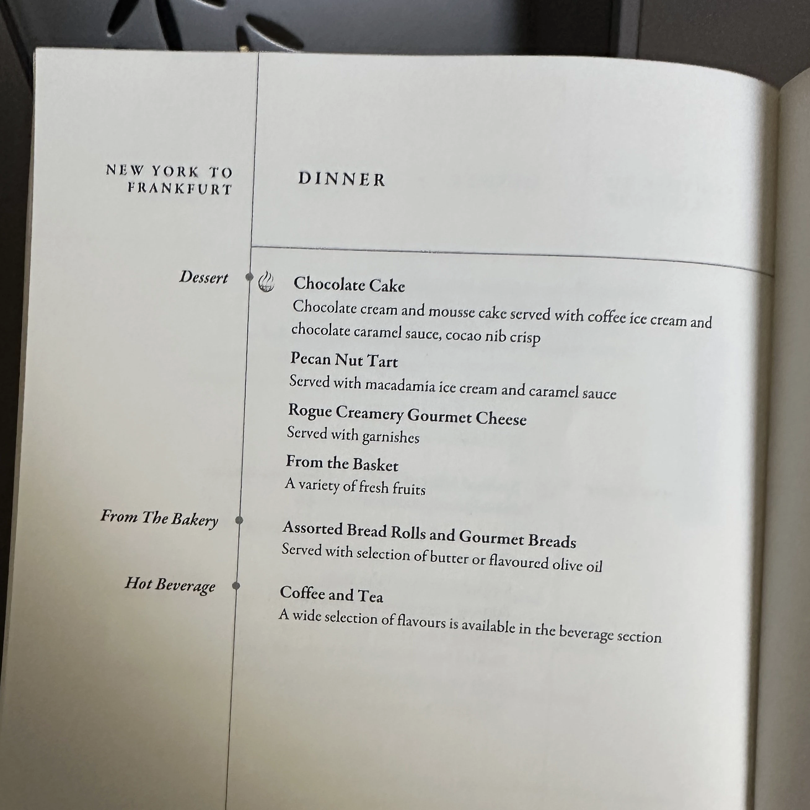 Singapore Airlines A380-800 First Class Suites dessert menu.