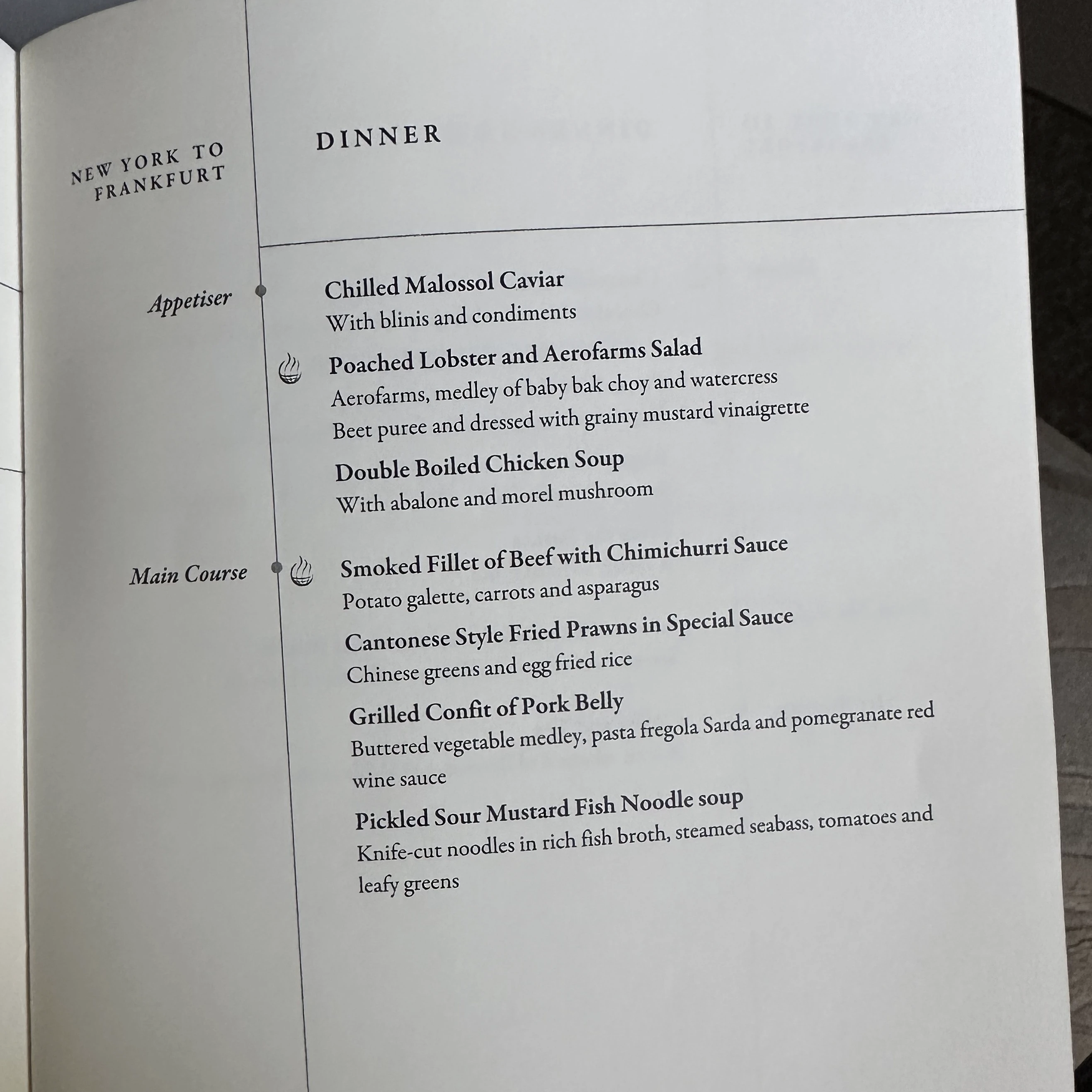 Singapore Airlines A380-800 First Class Suites dinner menu.