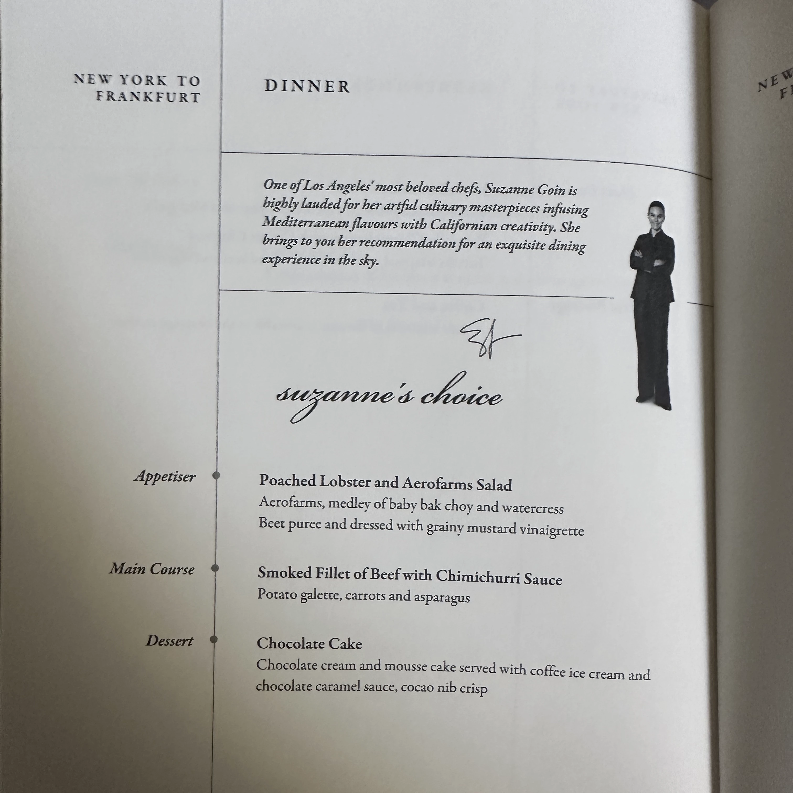 Singapore Airlines A380-800 First Class Suites dinner menu.