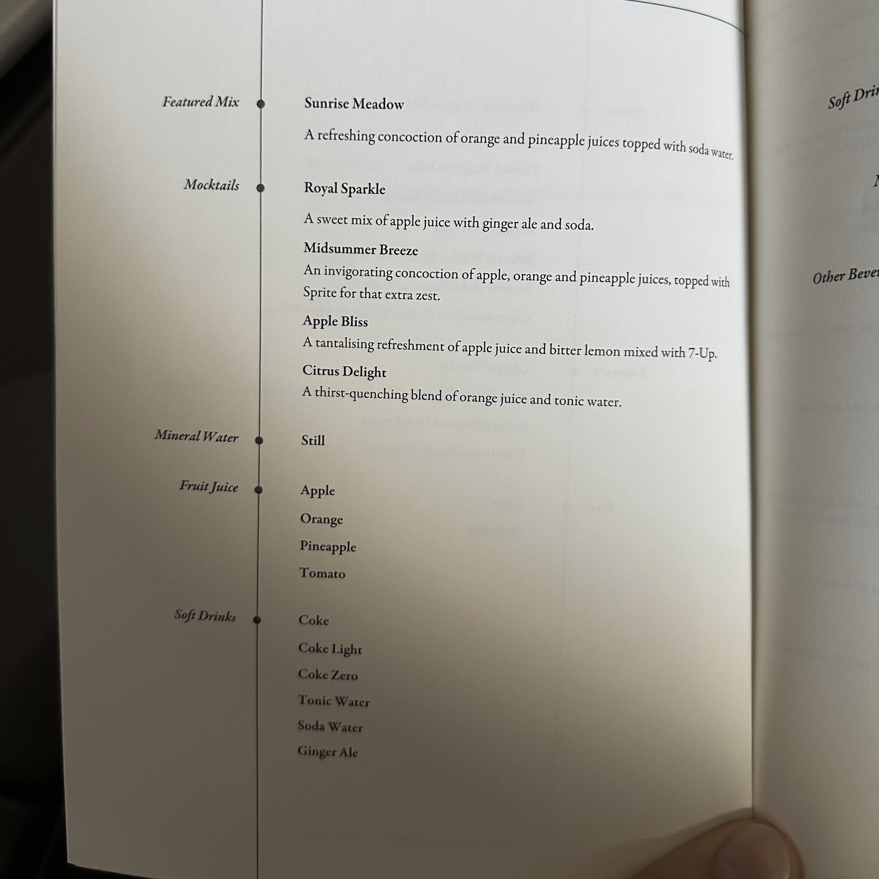 Singapore Airlines A380-800 First Class Suites non-alcoholic menu.