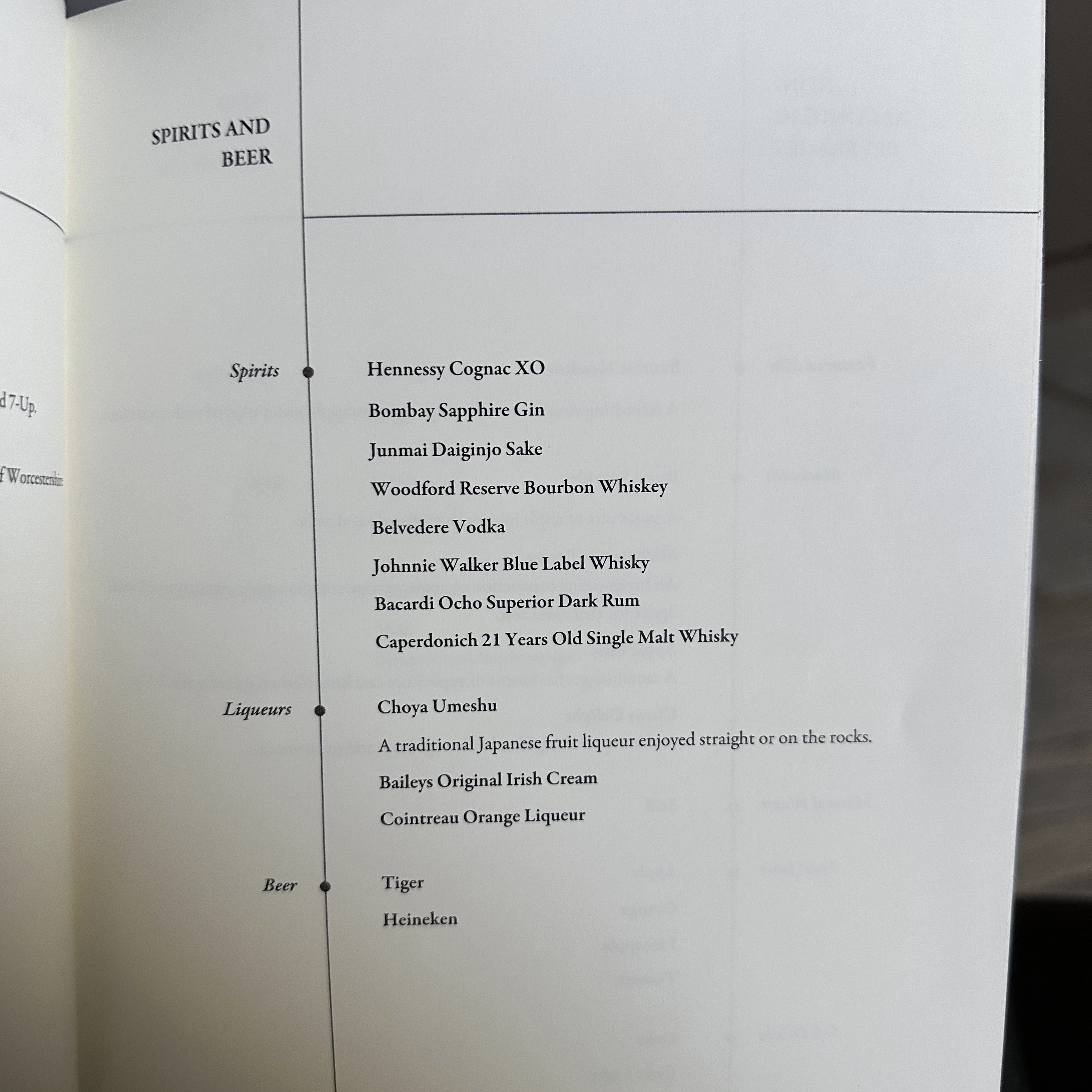 Singapore Airlines A380-800 First Class Suites alcohol menu.