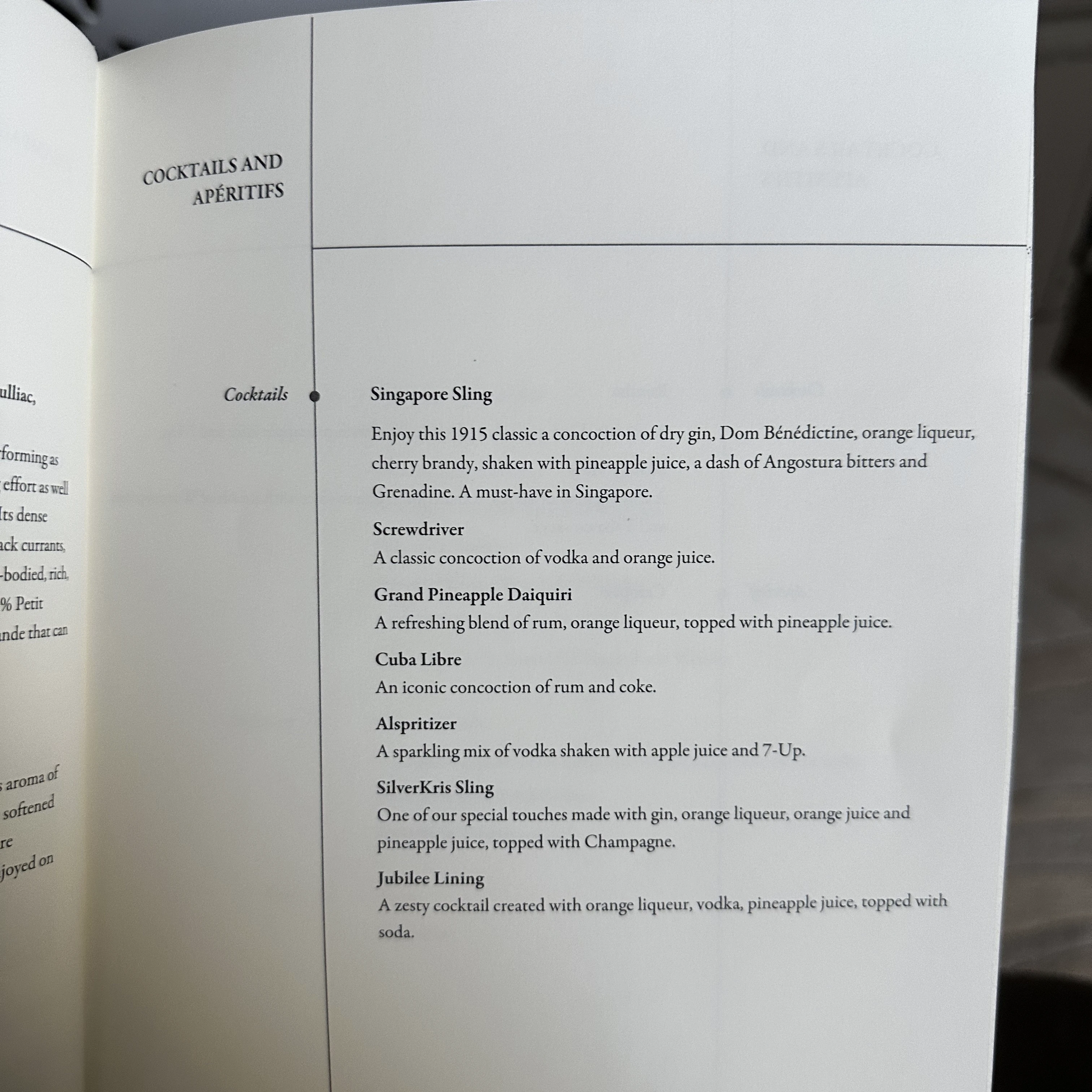 Singapore Airlines A380-800 First Class Suites cocktail menu.