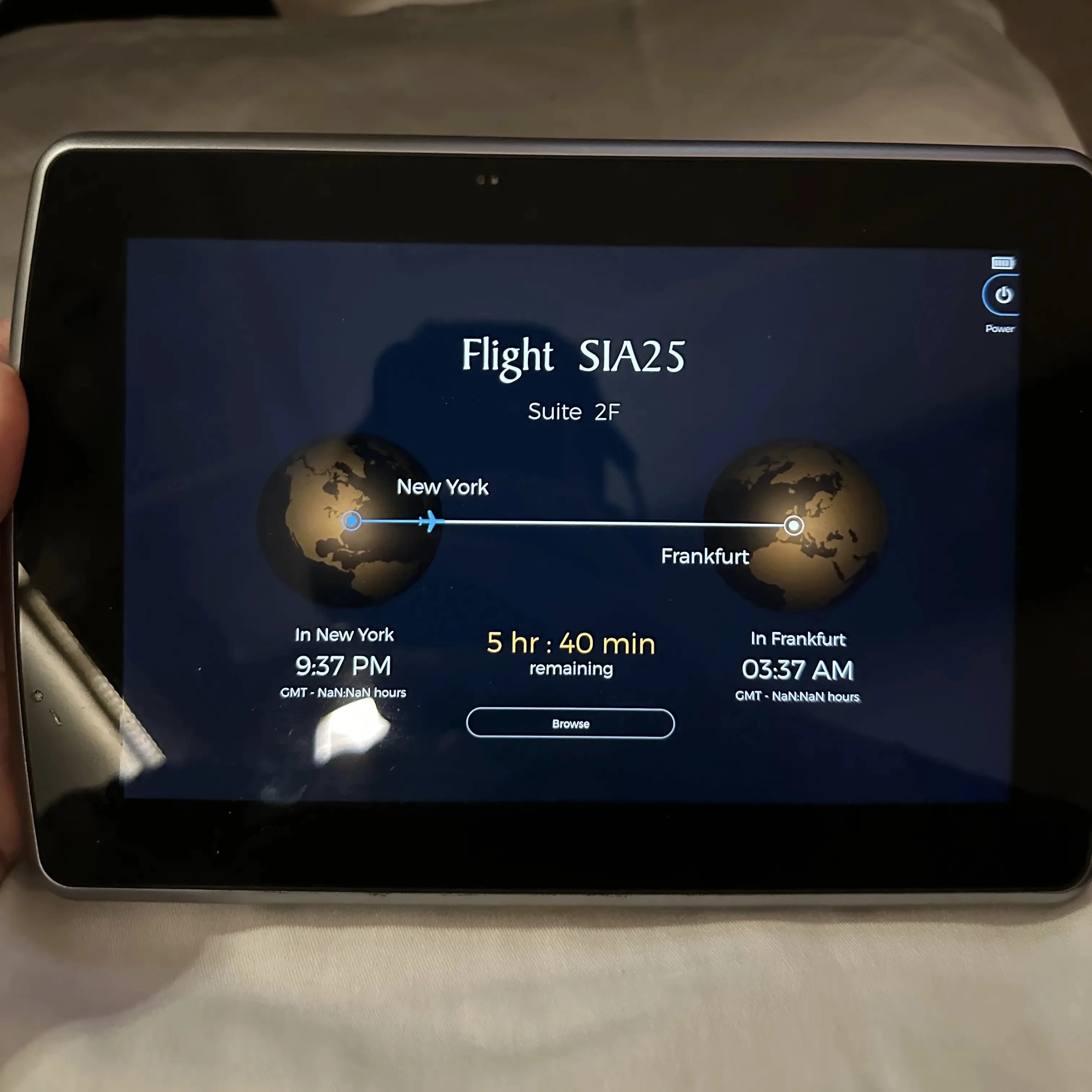 Singapore Airlines A380-800 First Class Suites seats have a touchscreen entertainment tablet.